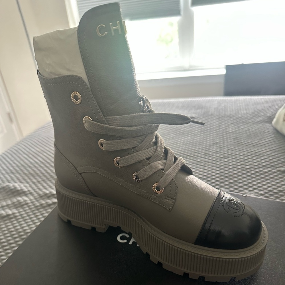 CHANEL Gray and Black Combat Boots with Rugged Sole Sz40